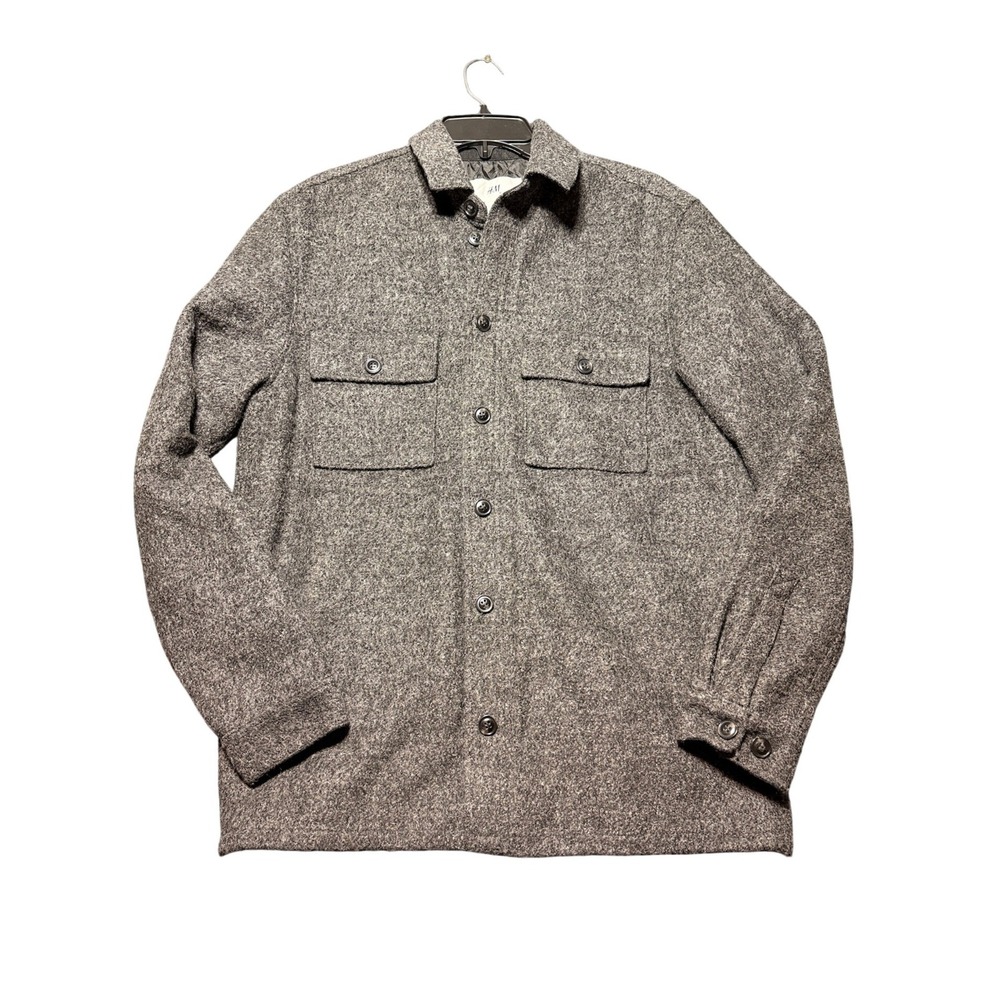 H&M Shirt Jacket Men M Charcoal Wool Blend Quilted Lined Shacket